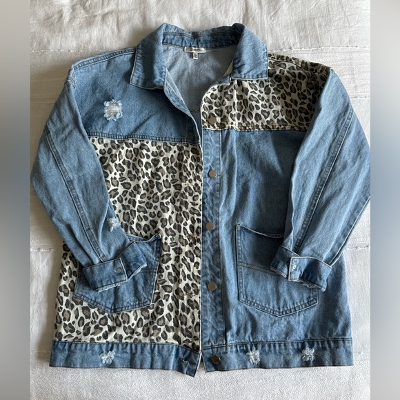 JODIFL Blue and Leopard Print Jean Jacket - Picture 1 of 4